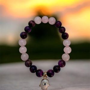 Ojo de tigre morado-cuarzo rosa- Mano Hamsha